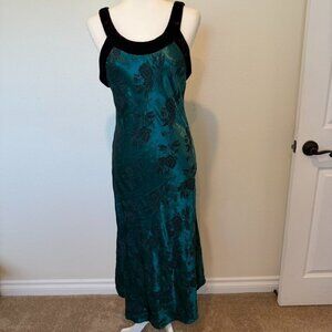 Vintage 90s YTK Teal Green Slip Dress Velvet Trim Size Medium NWT